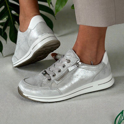 Womens Ara Osaka Silver and White Metallic Lace and Side Zip Trainers - Dusty White