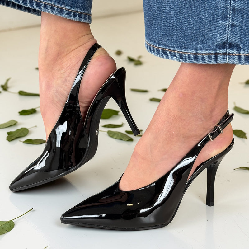 Tamaris 29622 Patent Slingback Stiletto Heels - Black