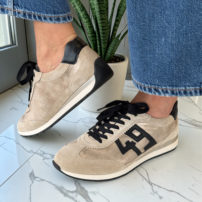 Womens Ara Portofino Taupe Gold and Black Lace Up Trainers - Taupe