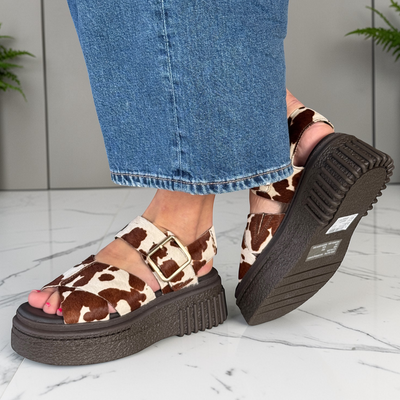 Womens Clarks Evamar Wish Cow Print Chunky Sandals - Cow Print