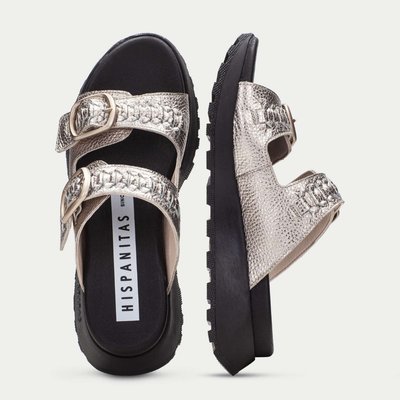 Womens Hispanitas 264783 Woven Double Strap Sliders - Champagne