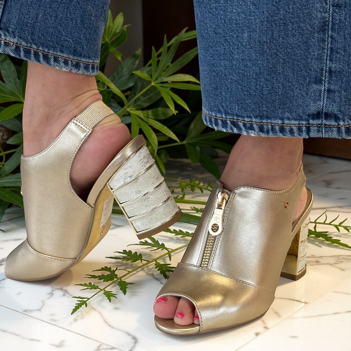 Kate Appleby OBORNE Zip Front Slingback Sandals in Gold