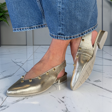 Womens Pitillos 11173 Slingback Low Heel Pumps with Rockstud - Gold