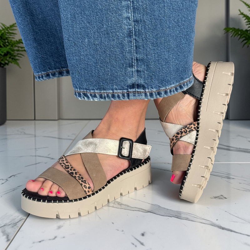 Womens Rieker V1063 Black Multi Leopard Crossover Sandals - Black Multi