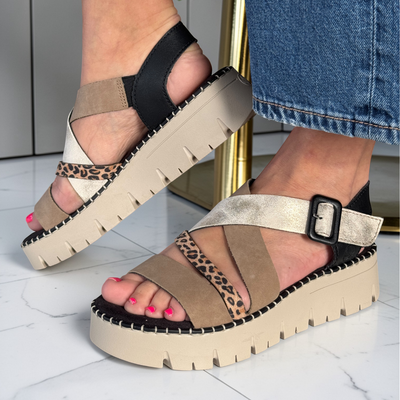 Womens Rieker V1063 Black Multi Leopard Crossover Sandals - Black Multi