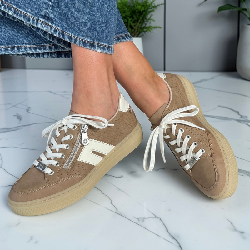 Womens Rieker L5903 Textured Zip and Lace Up Trainers - Beige