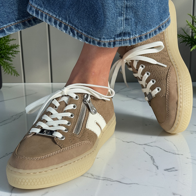 Womens Rieker L5903 Textured Zip and Lace Up Trainers - Beige