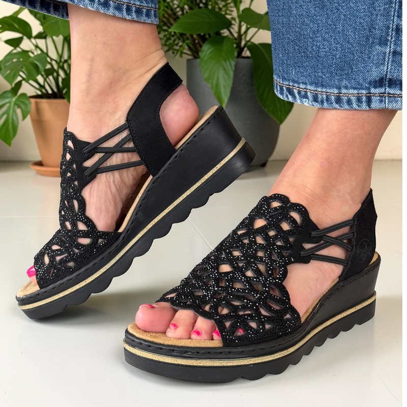 Womens Rieker 67465 Diamante Wedge Sandals - Black