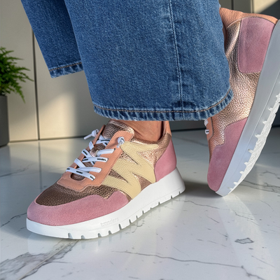 Womens Wonders A-24101 Elastic Lace Trainers - Pink and Rose Gold
