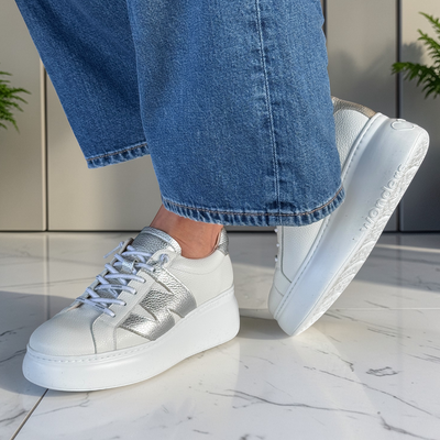 Womens Wonders A-2650 White and Silver Platform Trainers - White