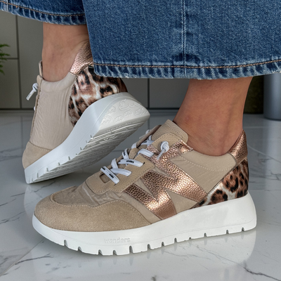 Womens Wonders A-24100 with Leopard Print Slip On Trainers - Beige Gold