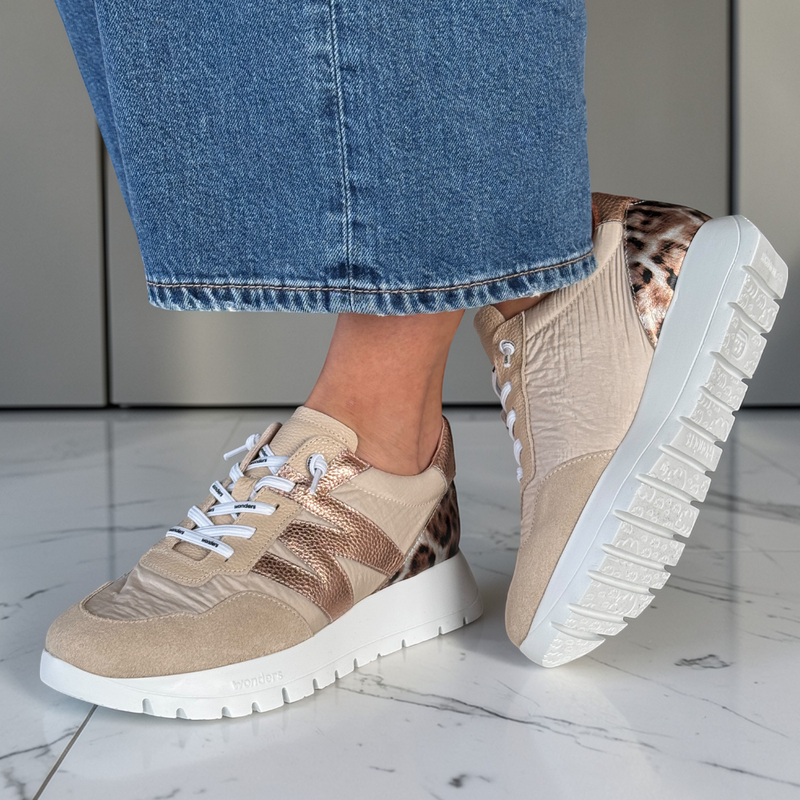 Womens Wonders A-24100 with Leopard Print Slip On Trainers - Beige Gold