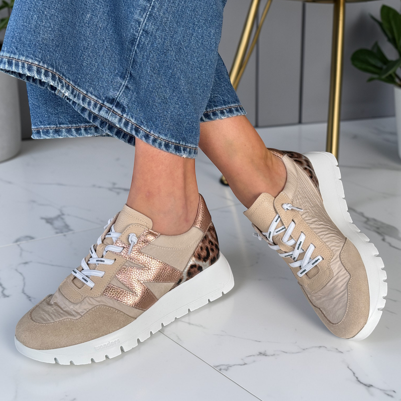 Womens Wonders A-24100 with Leopard Print Slip On Trainers - Beige Gold