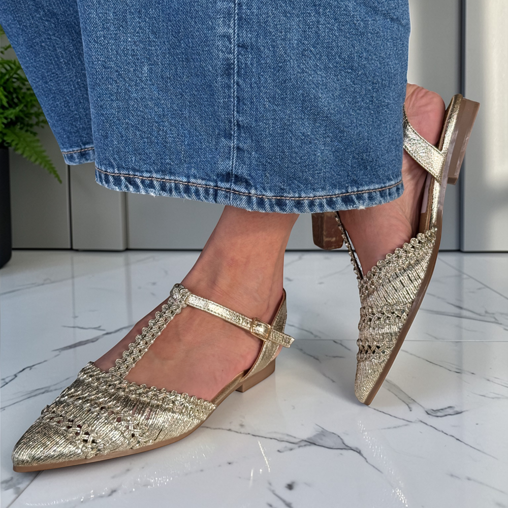 Womens Xti 14513601 Gold Woven T-Bar Flat Pumps