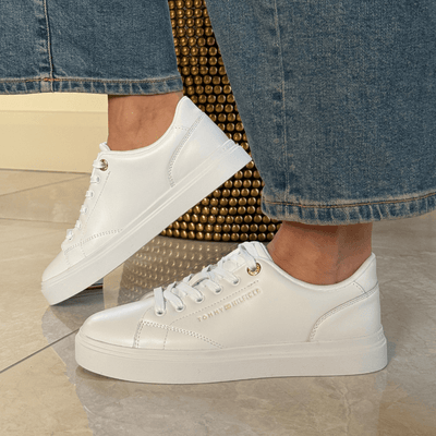 Womens Tommy Hilfiger Leather Metallic Logo Cupsole Trainers - White