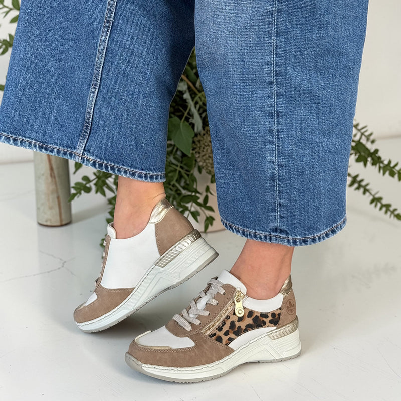 Womens Rieker N4308 Tan White and Leopard Side Zip Wedge Trainers - Tan White and Leopard