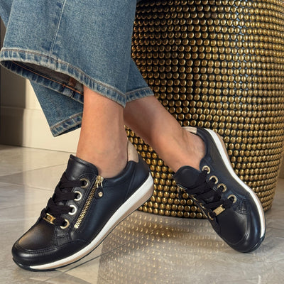 Womens Ara Osaka Dark Navy with Gold Side Zip Leather Trainers - Dark Navy and Gold