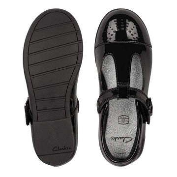 Girls Clarks Scala Sprit Black Patent T-Bar School Shoes - Black Patent