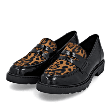 Womens Remonte D2Q02 Black Patent with Leopard Tongue Loafers - Black Patent