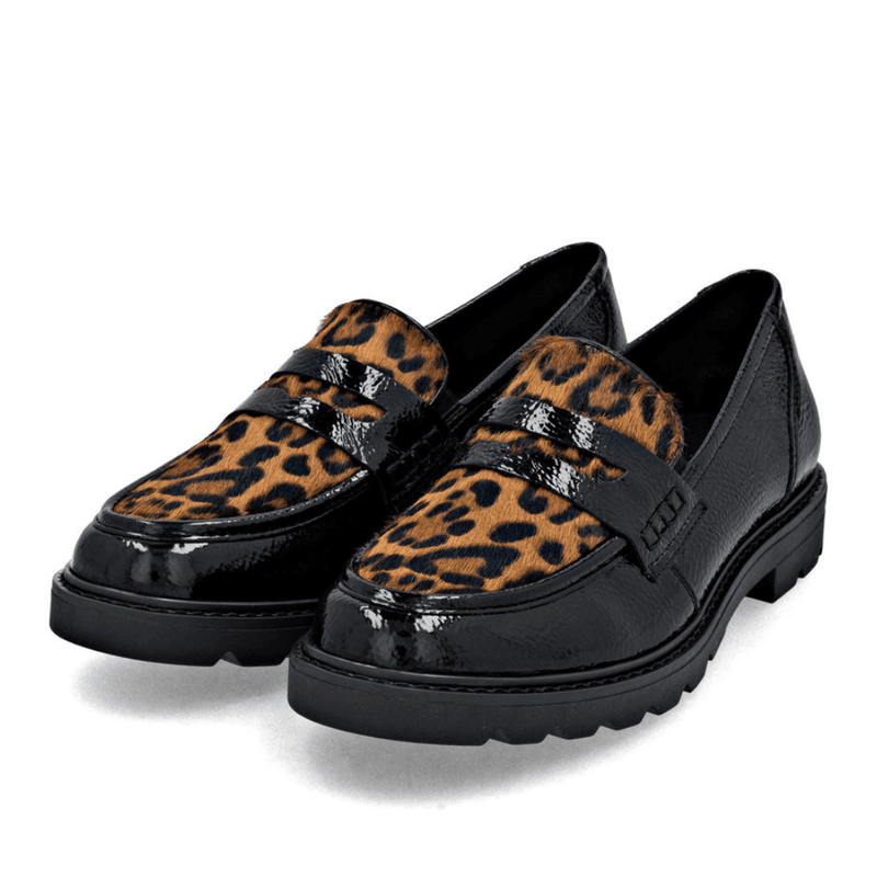 Womens Remonte D2Q02 Black Patent with Leopard Tongue Loafers - Black Patent
