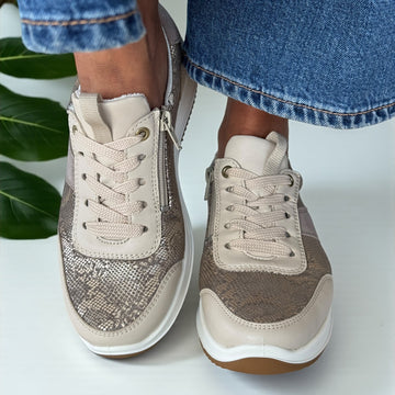 Womens Ara Osaka Taupe and Gold Snake Print Inside Zip Trainers - Beach Cashmere