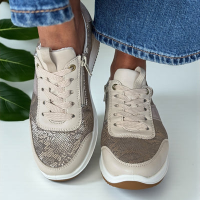 Womens Ara Osaka Taupe and Gold Snake Print Inside Zip Trainers - Beach Cashmere