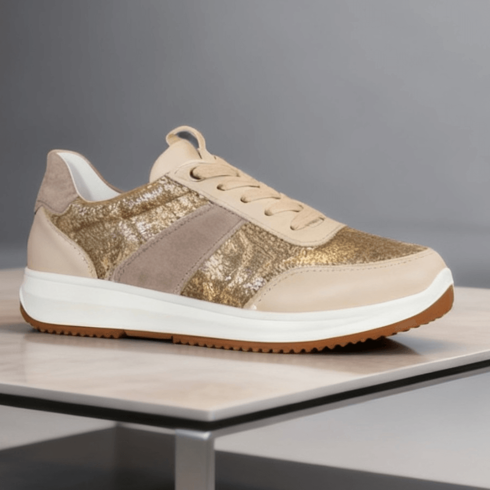 Womens Ara Osaka Taupe and Gold Snake Print Inside Zip Trainers