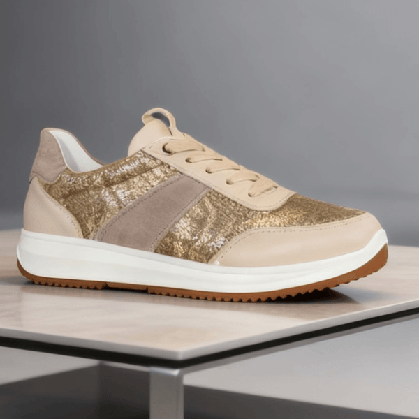 Womens Ara Osaka Taupe and Gold Snake Print Inside Zip Trainers - Beach Cashmere