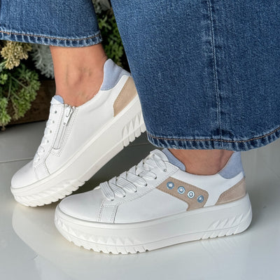 Womens Ara Monaco Platform Sole Leather Trainers - White with Blue and Beige