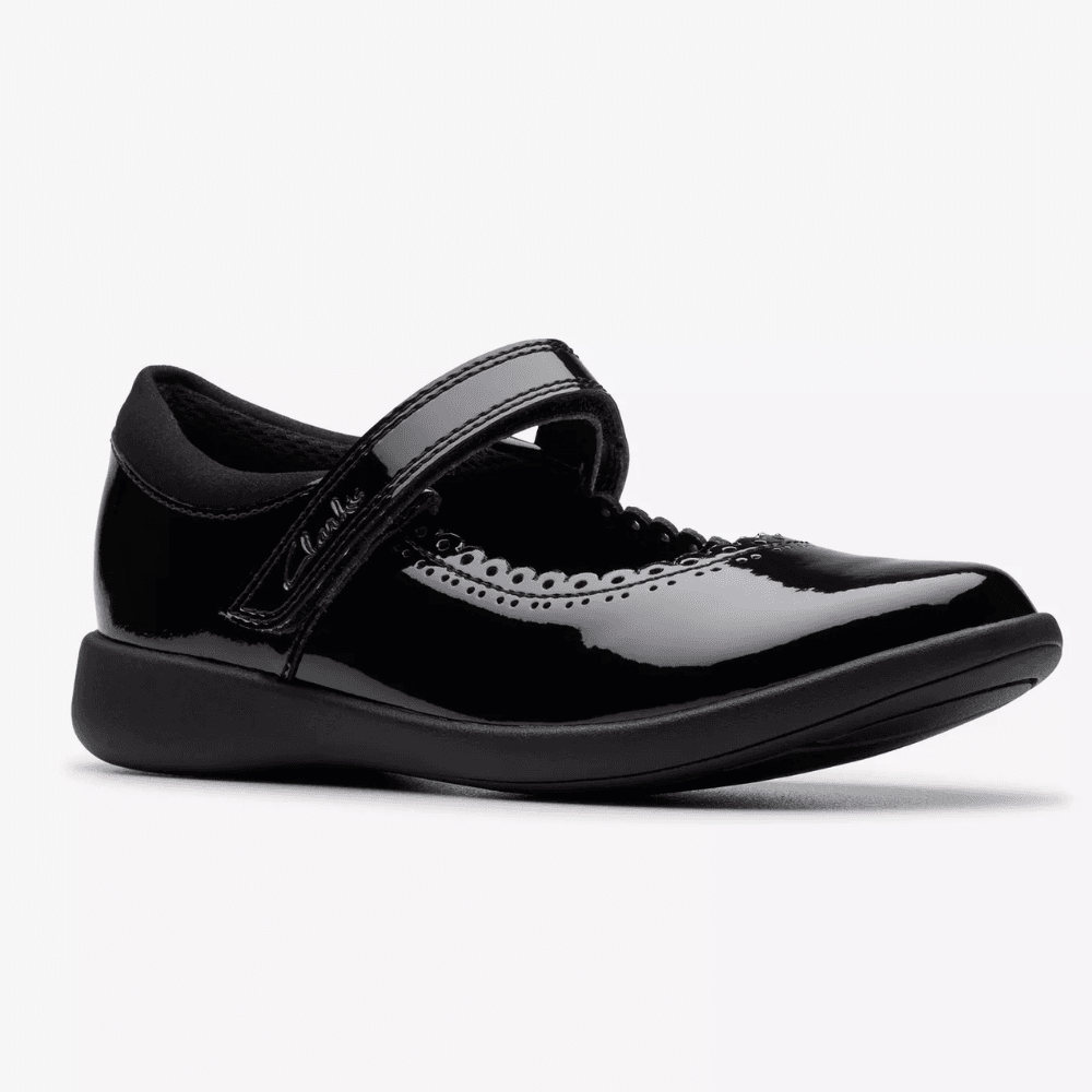 Junior Girls Clarks Etch Pure Black Patent School Shoes