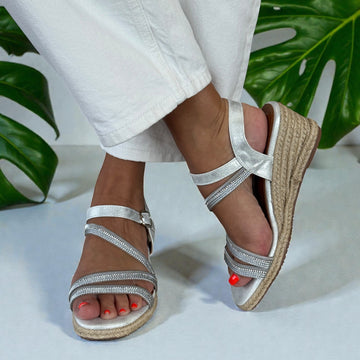 Womens Lunar Izzy  Diamante Straps Wedge Sandals - Silver