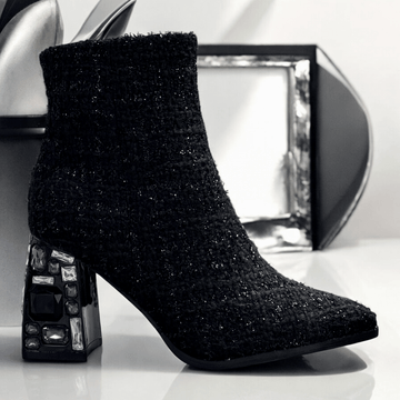 Womens Menbur 25696 Black Glitter Tweed Diamond Heel Ankle Boots - Black