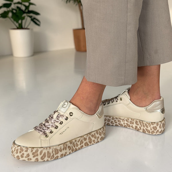 Womens Tamaris 23751 Off White with Leopard Sole Trainers - Off White