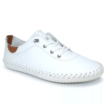 Womens Lunar St Ives White Leather Elastic Lace Plimsoles - White