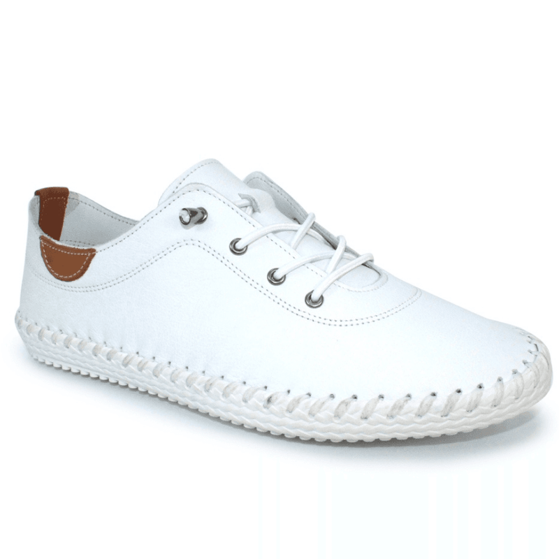 Womens Lunar St Ives White Leather Elastic Lace Plimsoles - White
