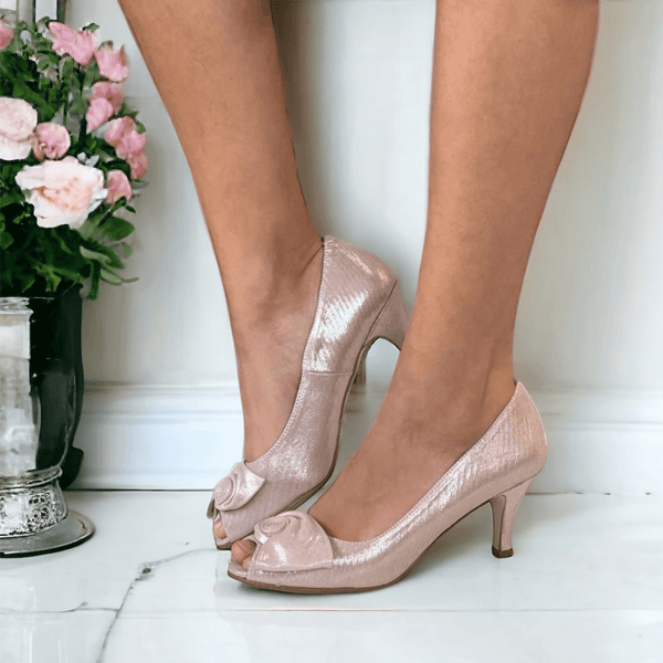 Womens Zany Metallic Blush Peeptoe Twist Heels - Metallic Blush