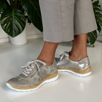 Womens Rieker N4221 Grey Metallic Cork Sole Side Zip Shoes - Silver
