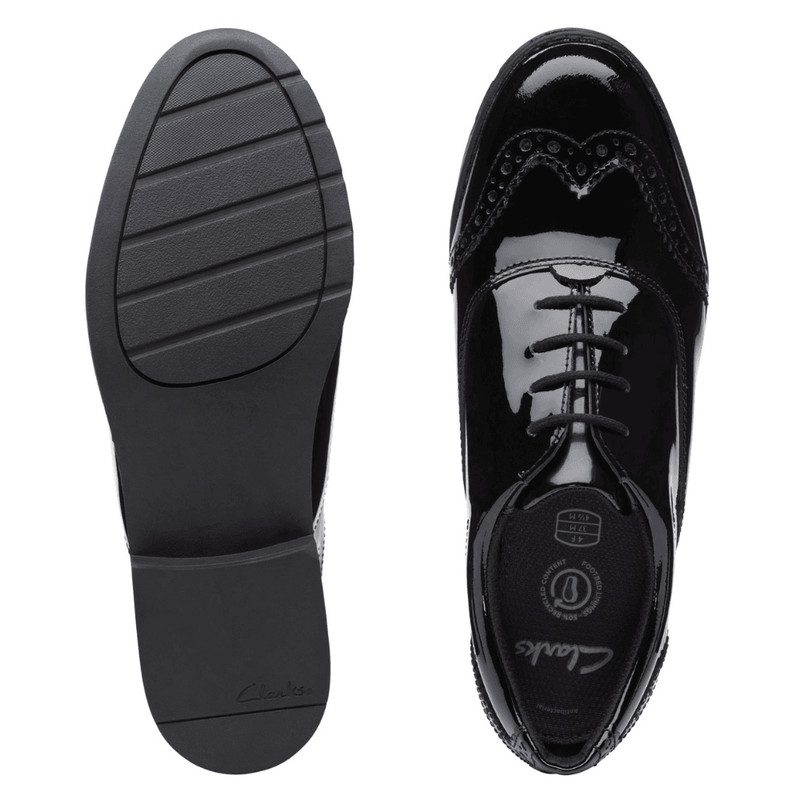 Clarks Aubrie Tap Girls Brogue School Shoe - Black Patent - Black Leather
