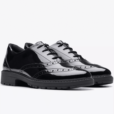 Girls Clarks Loxham Brogue Black Patent Laced School Shoe - Black Patent