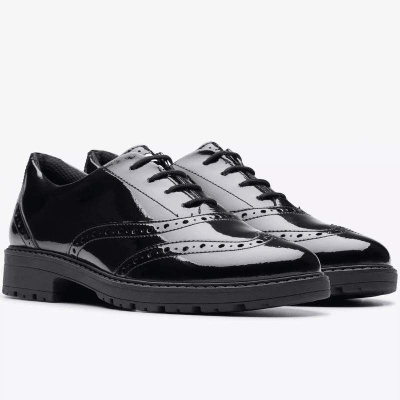 Girls Clarks Loxham Brogue Black Patent Laced School Shoe - Black Patent