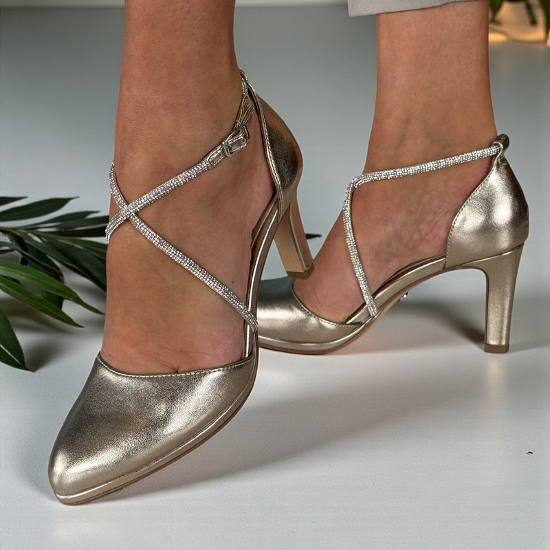 Womens Tamaris Diamante Strap High Heels - Light Gold