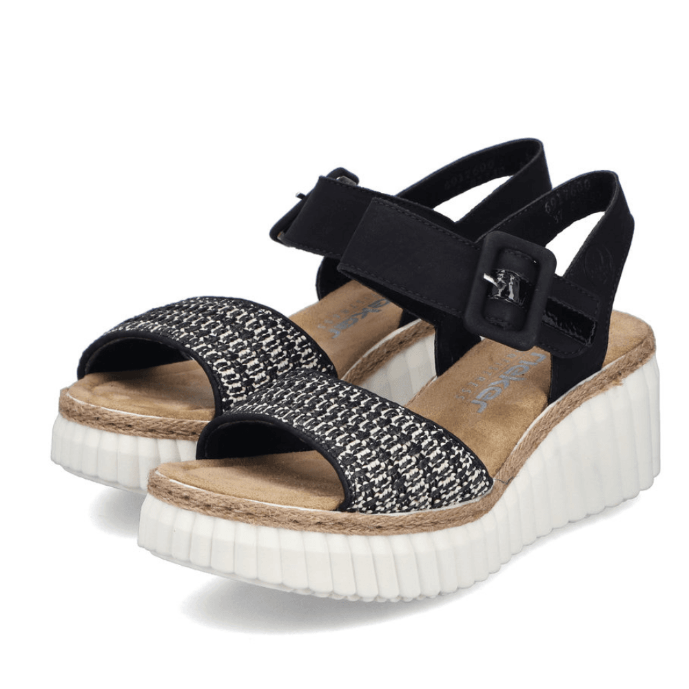 Womens Rieker 69176 Black Tweed Strap Wedge Sandals