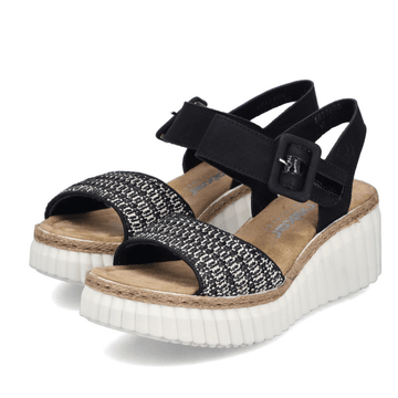 Womens Rieker 69176 Black Tweed Strap Wedge Sandals - Black