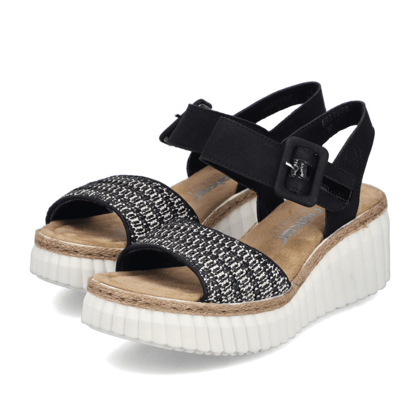 Womens Rieker 69176 Black Tweed Strap Wedge Sandals - Black