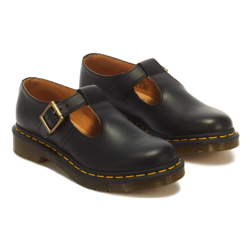Girls Dr Martens Polly Smooth Leather Black Mary Jane School Shoes - Black