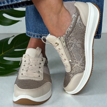 Womens Ara Osaka Taupe and Gold Snake Print Inside Zip Trainers - Beach Cashmere