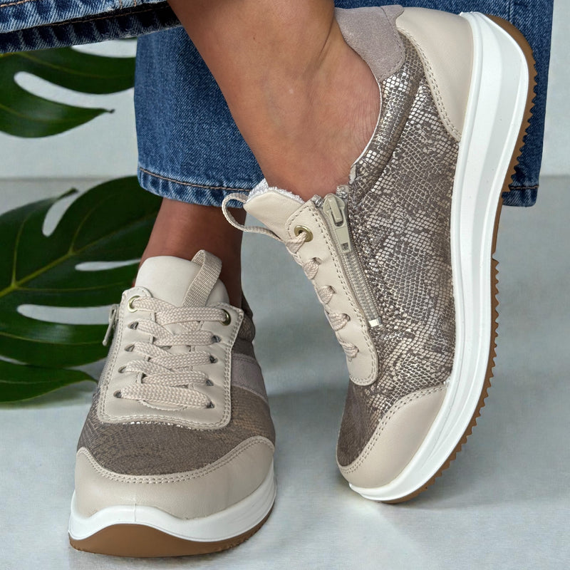 Womens Ara Osaka Taupe and Gold Snake Print Inside Zip Trainers - Beach Cashmere