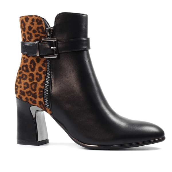 Womens Lunar Shaw Black and Ocelot Block Heel Ankle Boots - Black