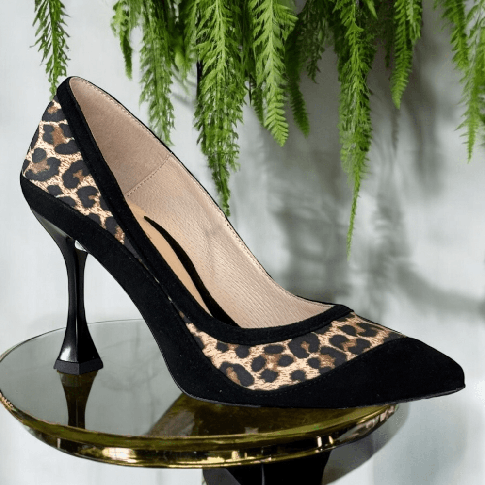 Womens Emis 7993 Black with Leopard Trim Flared Court Heels