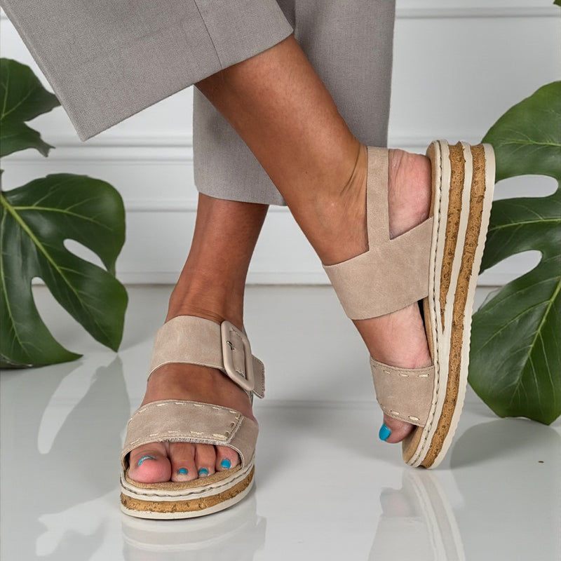 Womens Rieker 62950 Beige Velcro Double Strap Sandals - Beige Gold